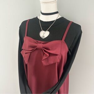 LIZ LISA Burgundy Bow Slip Dress with Black Layering Top